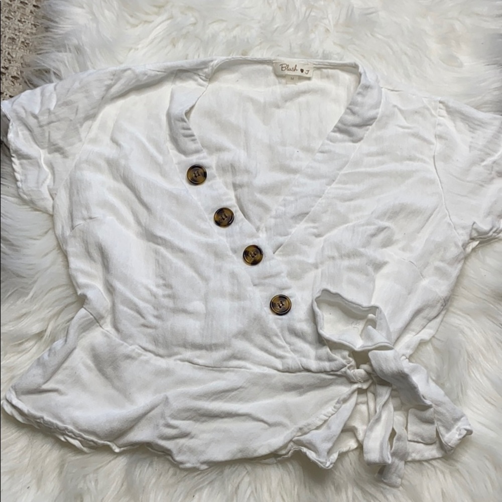 White Button across Tie Cropped Blouse